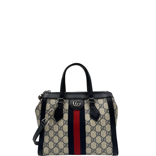 front Borsa Gucci in canvas GG, finiture in pelle blu e impreziosita da striscia Web rossa e blu, di lusso, originale, usata