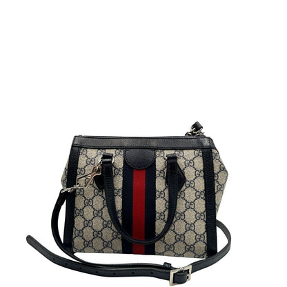 retro Borsa Gucci in canvas GG, finiture in pelle blu e impreziosita da striscia Web rossa e blu, di lusso, originale, usata 