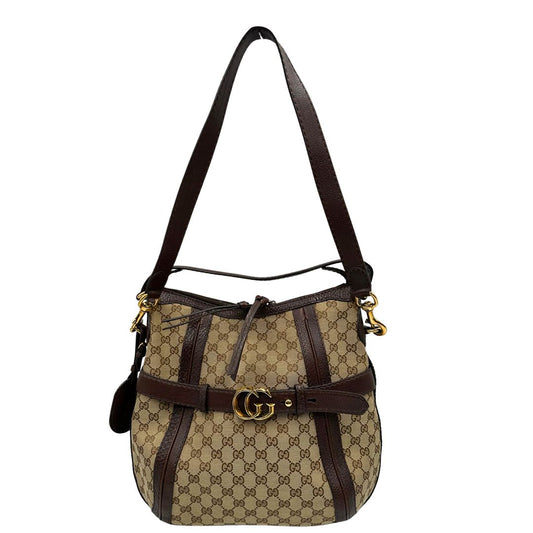 front  Borsa Gucci in tessuto GG e finiture in pelle marrone, di lusso, originale, ottime condizioni, usata. 