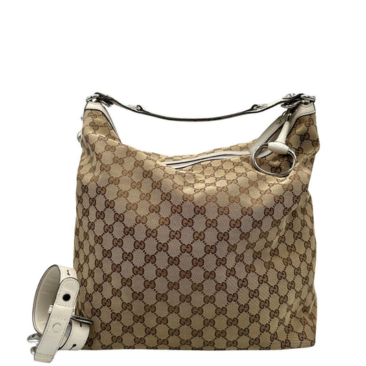 Borsa Gucci in tessuto GG e finiture in pelle bianche, di lusso, originale, usata.