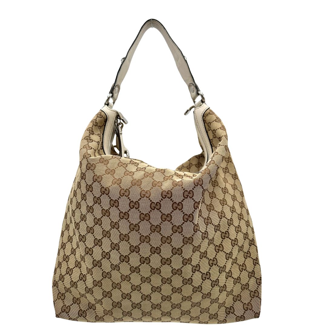 retro Borsa Gucci in tessuto GG e finiture in pelle bianche, di lusso, originale, usata. 
