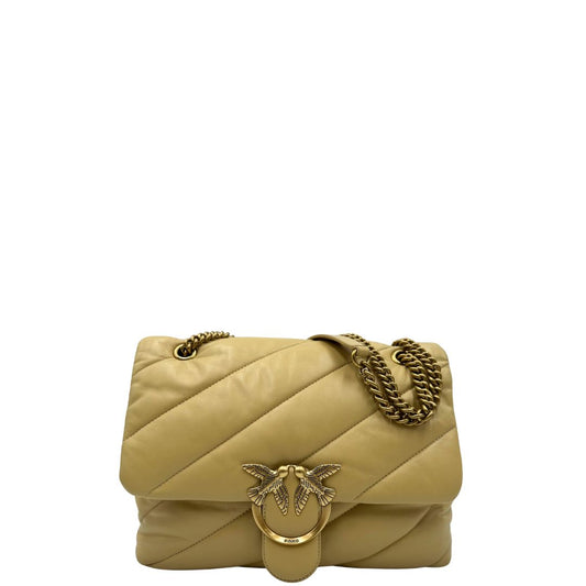 front Borsa Pinko in pelle color giallo crema e hardware dorato, di lusso, originale, ottime condizioni, usata. 