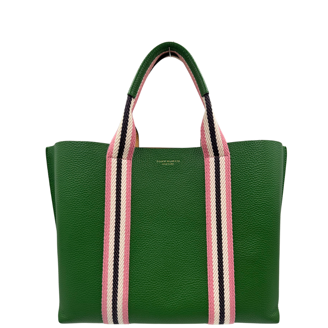 front v  Borsa Tory Burch in pelle martellata verde impreziosita da finiture in tessuto rosa e nero, di lusso, originale, ottime condizioni, usata.