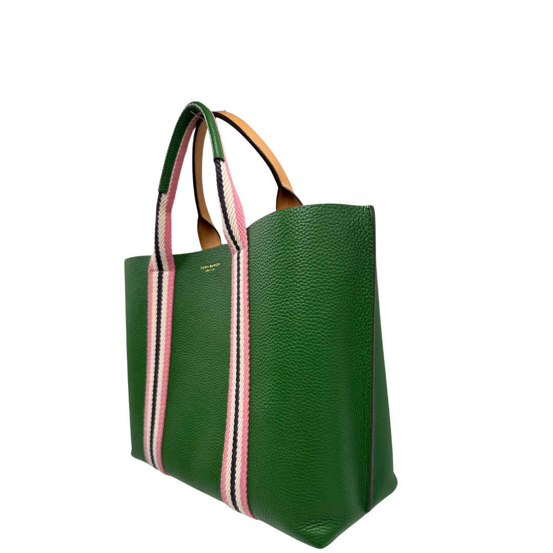lato  Borsa Tory Burch in pelle martellata verde impreziosita da finiture in tessuto rosa e nero, di lusso, originale, ottime condizioni, usata. 