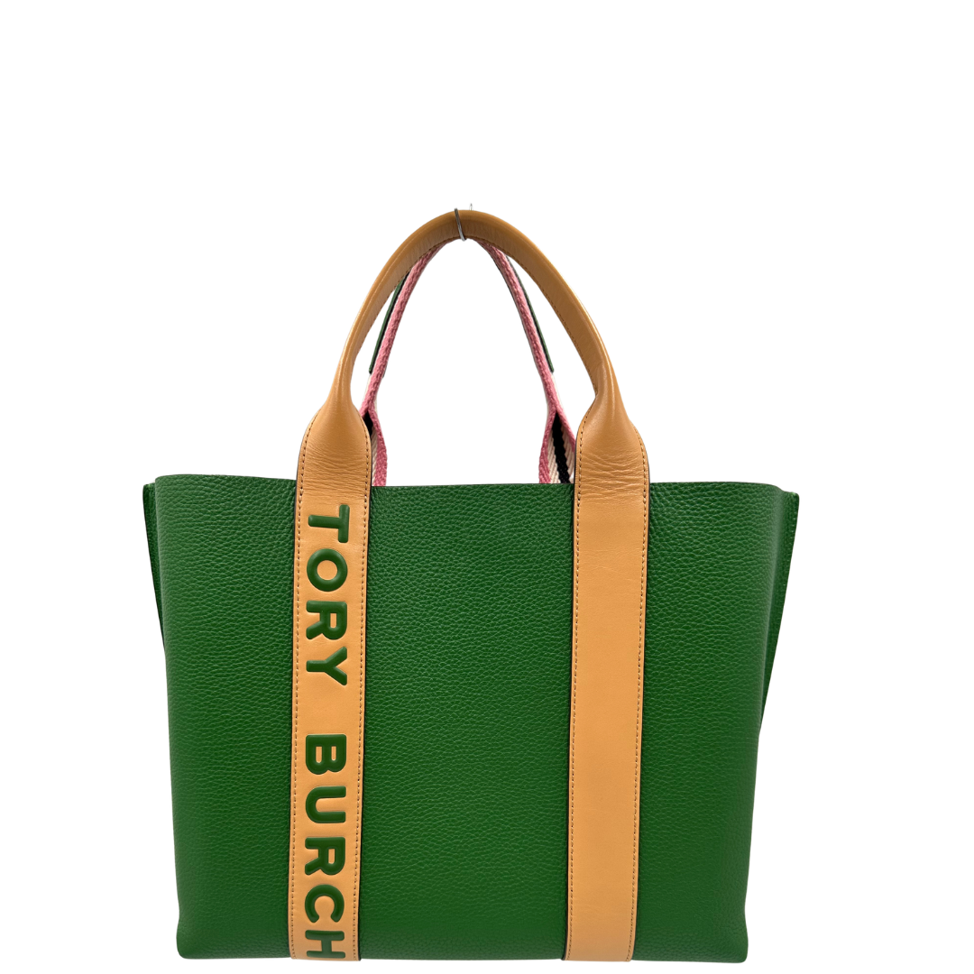 retro  Borsa Tory Burch in pelle martellata verde impreziosita da finiture in tessuto rosa e nero, di lusso, originale, ottime condizioni, usata. 