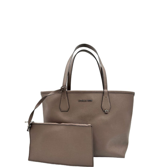 front Borsa MK in pelle saffiano reversibile, tortora e panna, di lusso, originale, ottime condizioni, usata. 