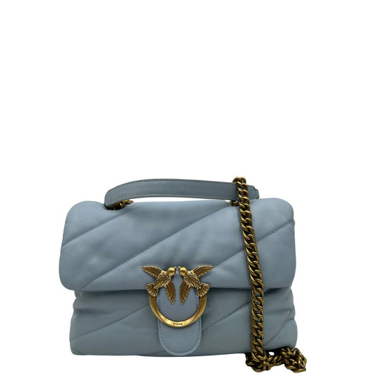 front  Borsa Pinko in pelle celeste e hardware dorato, di lusso, originale, ottime condizioni, usata. 