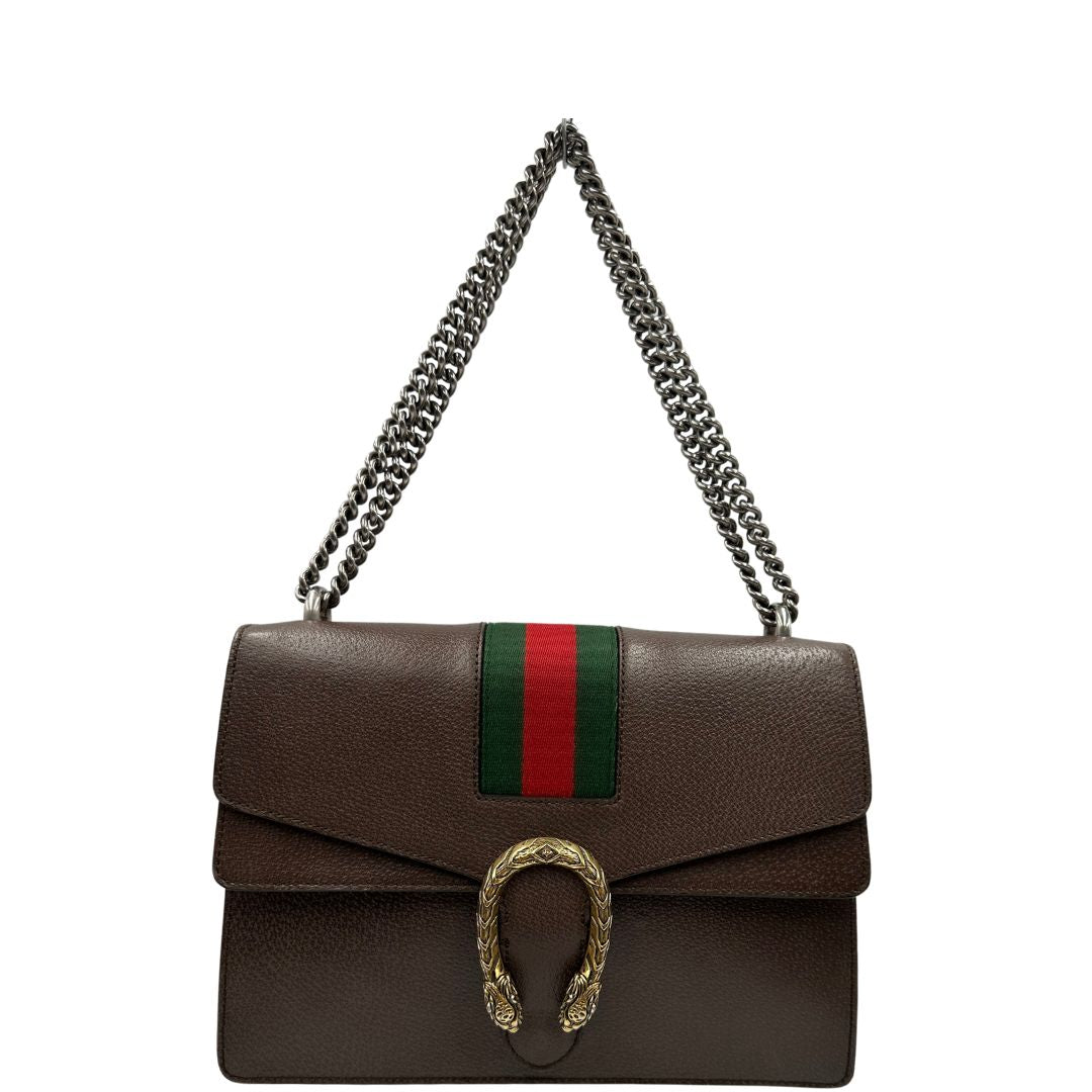 front  Borsa Gucci Dionysus in pelle marrone impreziosita da iconica striscia Web verde e rossa, di lusso, originale, ottime condizioni, usata. 