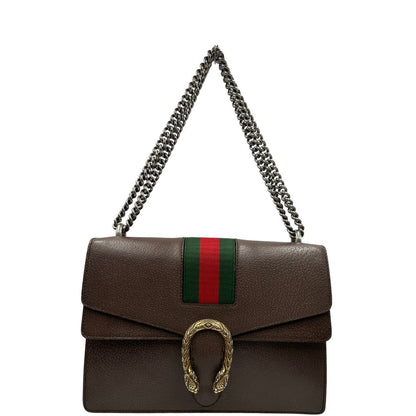 front  Borsa Gucci Dionysus in pelle marrone impreziosita da iconica striscia Web verde e rossa, di lusso, originale, ottime condizioni, usata. 