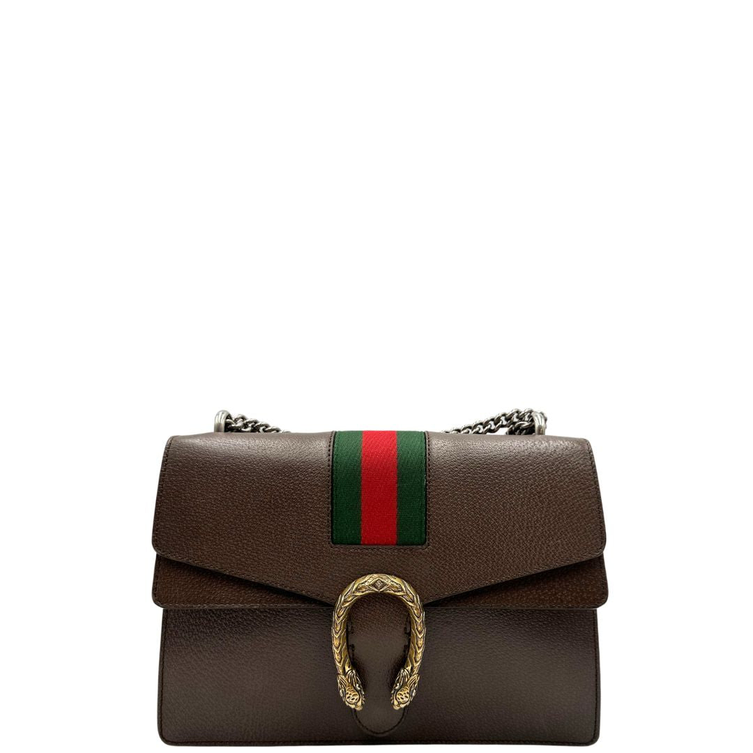 front  Borsa Gucci Dionysus in pelle marrone impreziosita da iconica striscia Web verde e rossa, di lusso, originale, ottime condizioni, usata. 