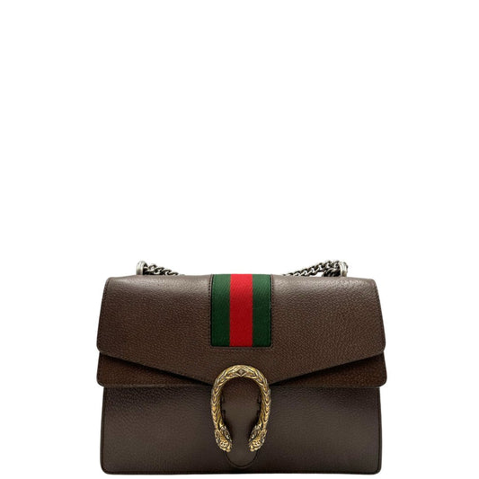 front  Borsa Gucci Dionysus in pelle marrone impreziosita da iconica striscia Web verde e rossa, di lusso, originale, ottime condizioni, usata. 