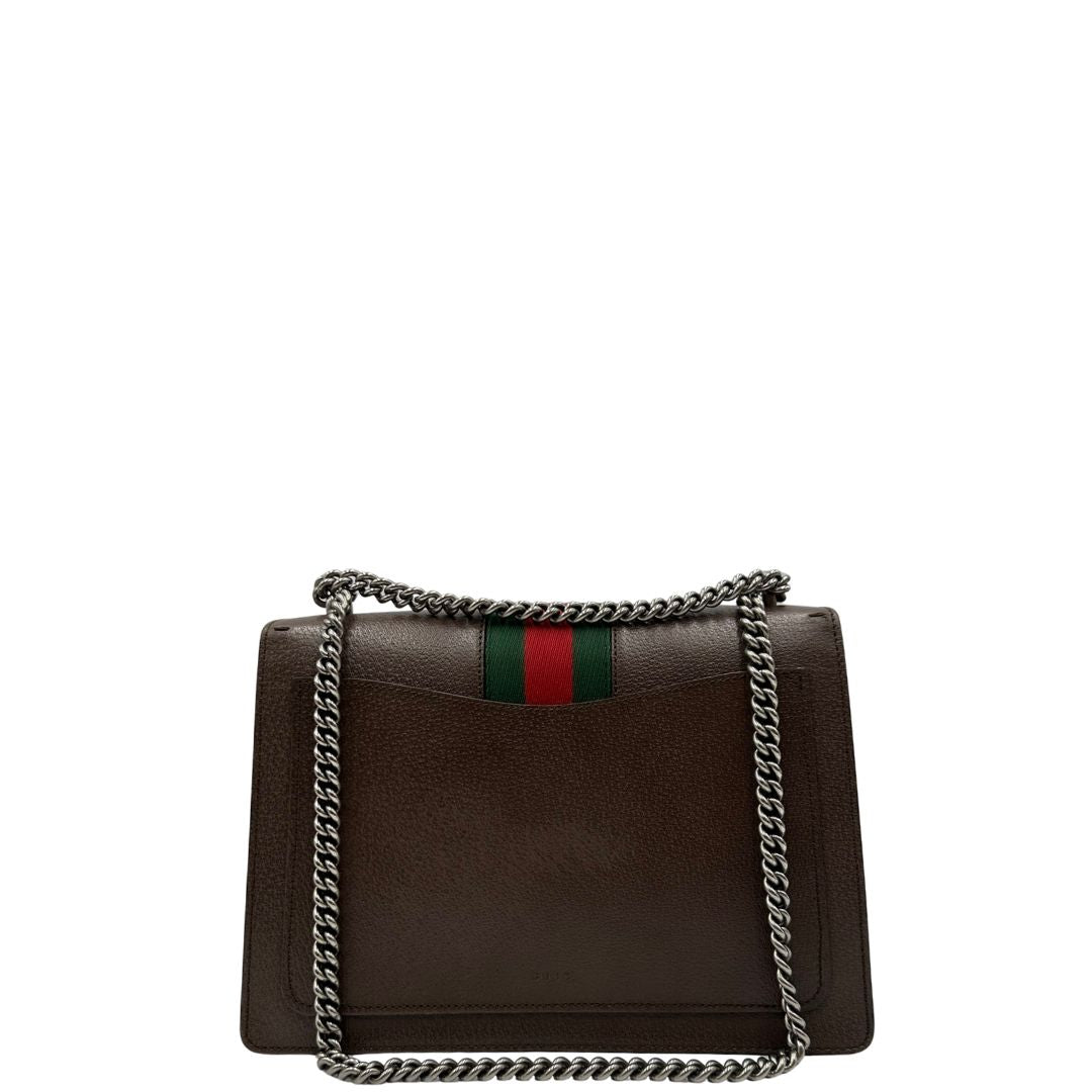 retro  Borsa Gucci Dionysus in pelle marrone impreziosita da iconica striscia Web verde e rossa, di lusso, originale, ottime condizioni, usata. 