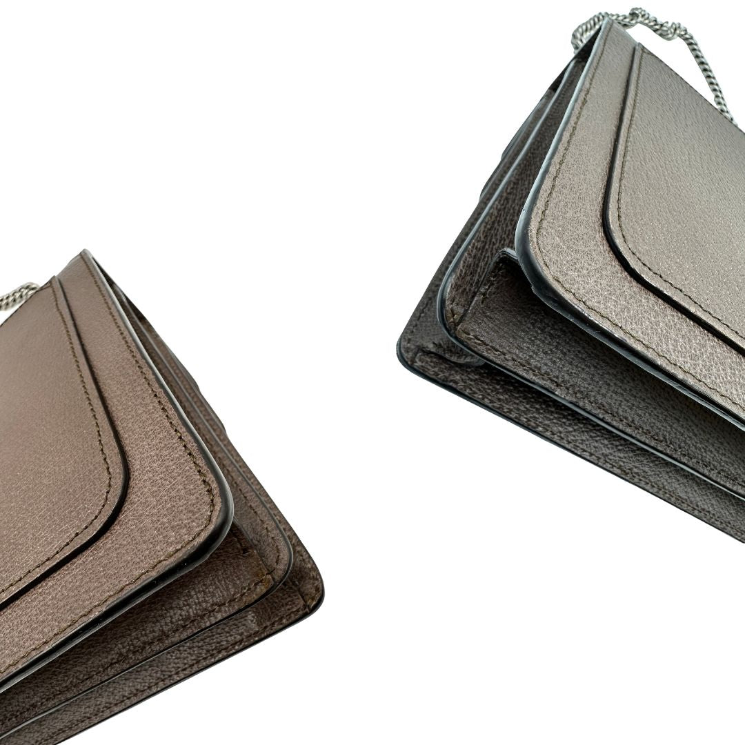 angoli Borsa Gucci Dionysus in pelle marrone impreziosita da iconica striscia Web verde e rossa, di lusso, originale, ottime condizioni, usata. 