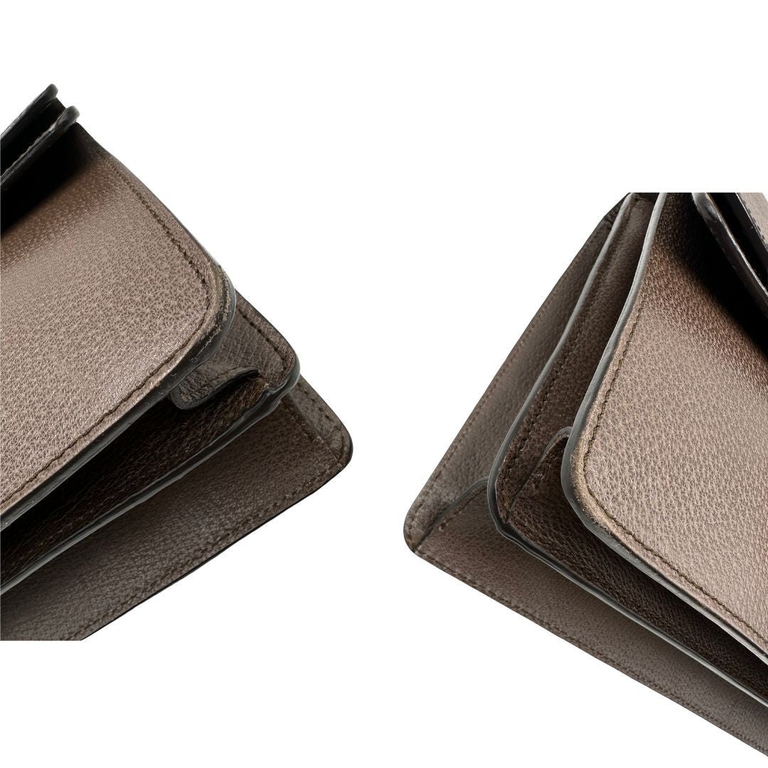 angoli  Borsa Gucci Dionysus in pelle marrone impreziosita da iconica striscia Web verde e rossa, di lusso, originale, ottime condizioni, usata. 