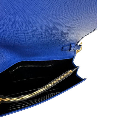 interno  Borsa Prada in pelle saffiano blu e hardware dorato, di lusso, originale, eccellenti condizioni, usata. 