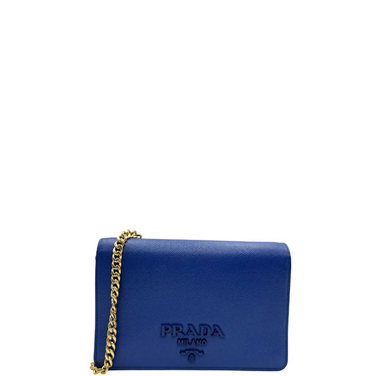 front  Borsa Prada in pelle saffiano blu e hardware dorato, di lusso, originale, eccellenti condizioni, usata. 