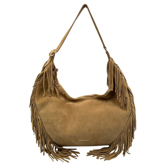 front Borsa Orciani in pelle scamosciata impreziosita da frange sui profili, di lusso, originale, ottime condizioni, usata. 