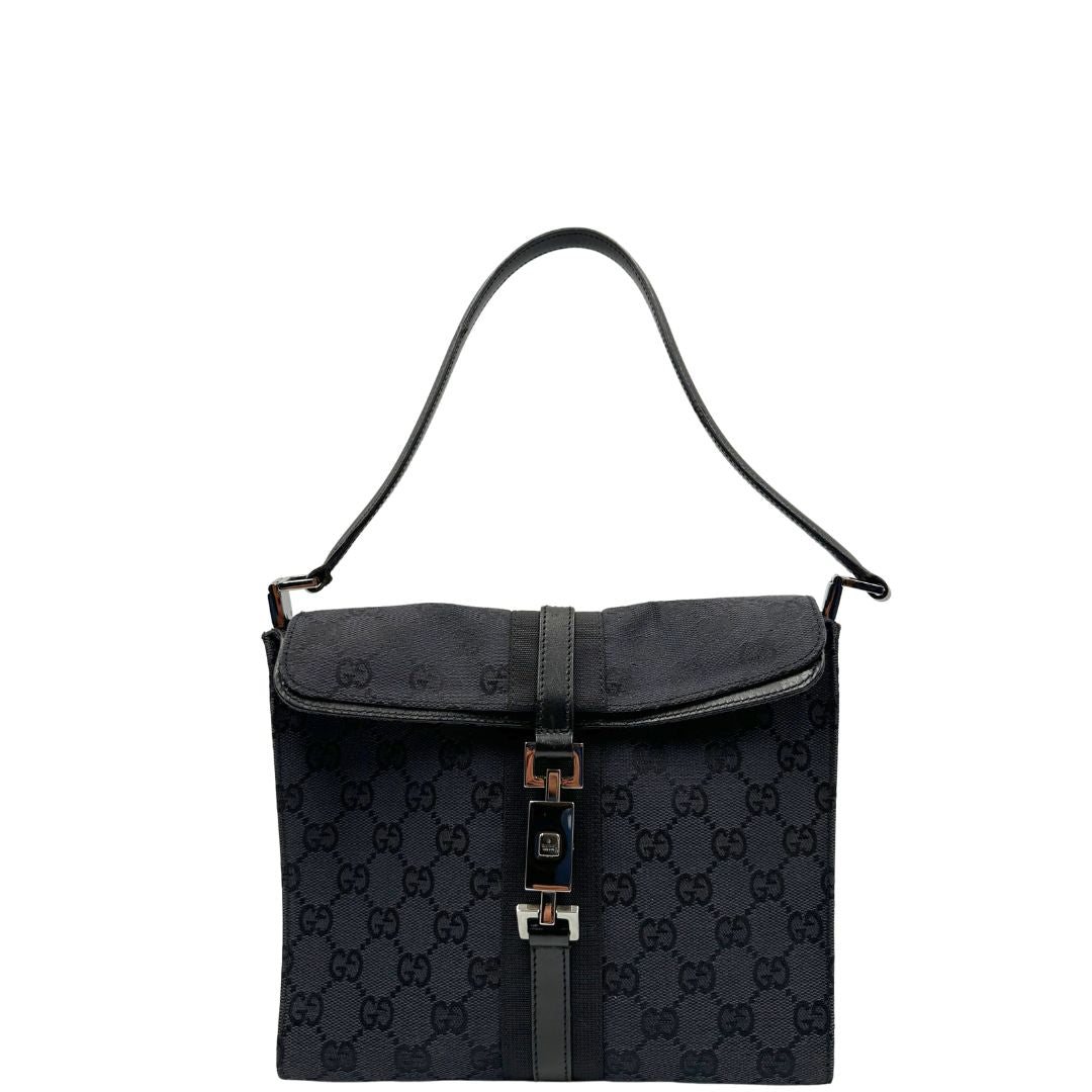 front Borsa Gucci in tessuto GG nero con finiture in pelle tono su tono 