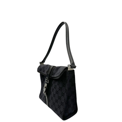 lato Borsa Gucci in tessuto GG nero con finiture in pelle tono su tono 