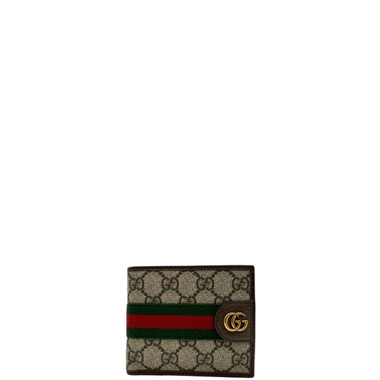front  Portafoglio Gucci in canvas GG, finiture in pelle marrone e striscia Web verde e rossa, di lusso, originale, ottime condizioni, usato. 