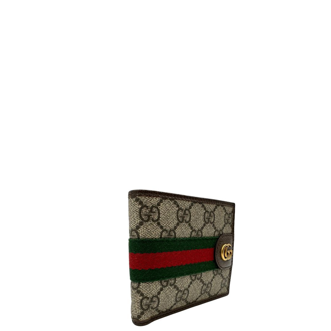lato  Portafoglio Gucci in canvas GG, finiture in pelle marrone e striscia Web verde e rossa, di lusso, originale, ottime condizioni, usato. 
