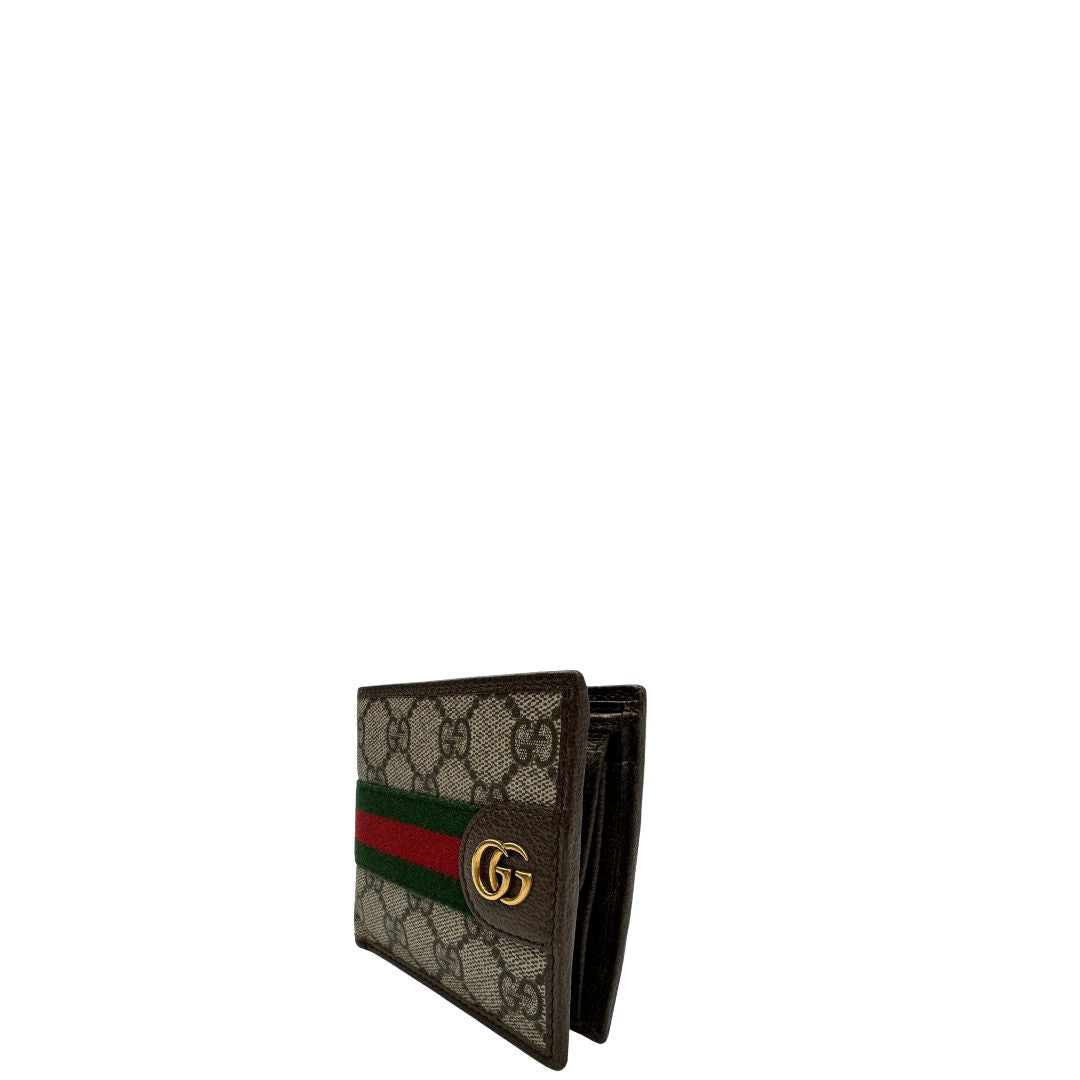 lato  Portafoglio Gucci in canvas GG, finiture in pelle marrone e striscia Web verde e rossa, di lusso, originale, ottime condizioni, usato. 