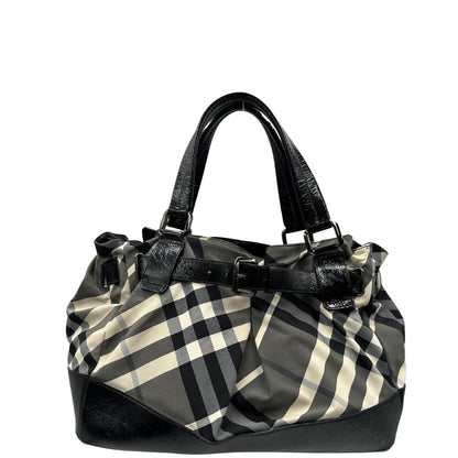 front  Borsa Burberry in tessuto tartan e finiture in pelle verniciata nera, di lusso, originale, ottime condizioni. 