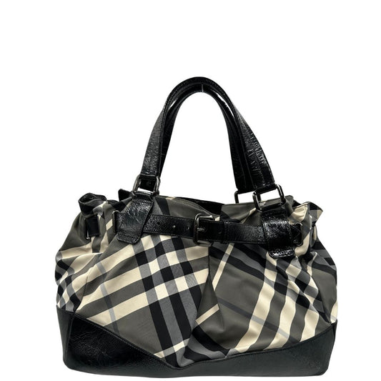 front  Borsa Burberry in tessuto tartan e finiture in pelle verniciata nera, di lusso, originale, ottime condizioni. 