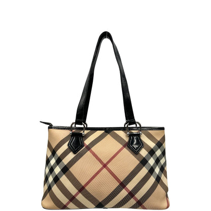 front Borsa Burberry in canvas trama tartan e finiture in pelle vernis nera, puoi portarla a spalla., di lusso, originale, ottime condizioni, usata- 