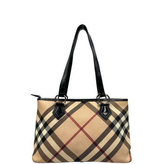 front Borsa Burberry in canvas trama tartan e finiture in pelle vernis nera, puoi portarla a spalla., di lusso, originale, ottime condizioni, usata- 