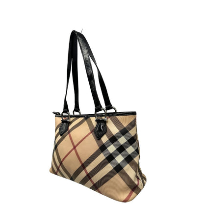 lato Borsa Burberry in canvas trama tartan e finiture in pelle vernis nera, puoi portarla a spalla., di lusso, originale, ottime condizioni, usata- 