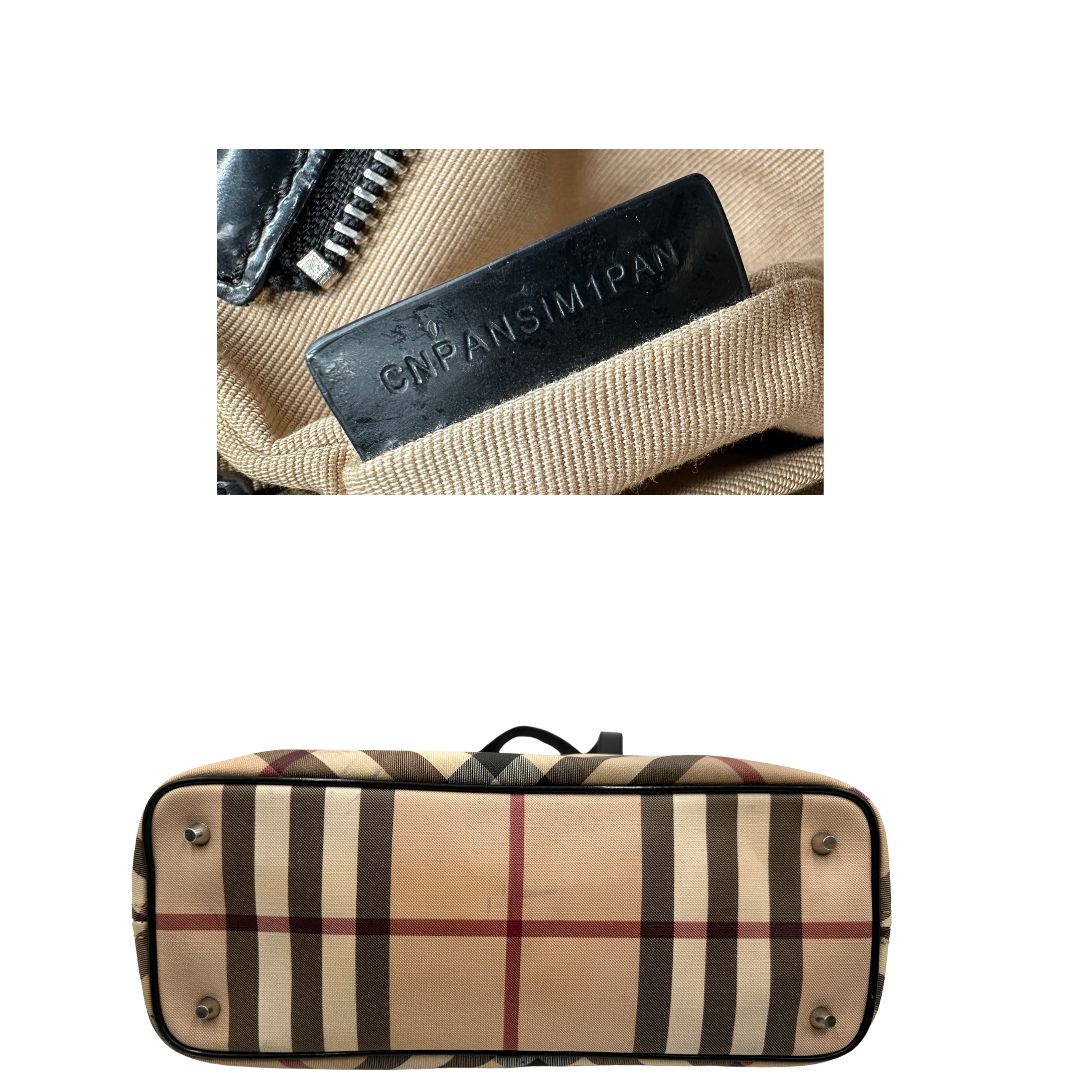 base Borsa Burberry in canvas trama tartan e finiture in pelle vernis nera, puoi portarla a spalla., di lusso, originale, ottime condizioni, usata- 