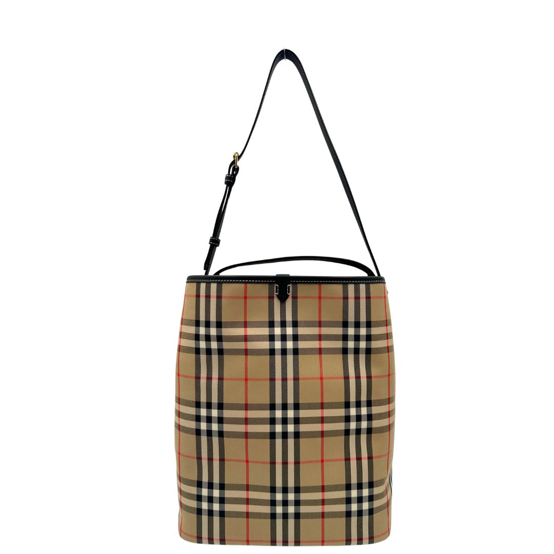 Borsa Burberry in tessuto beige trama tartan e finiture in pelle nera, indossabile a mano oppure a spalla. Originale, usato, di lusso, in condizioni eccellenti.