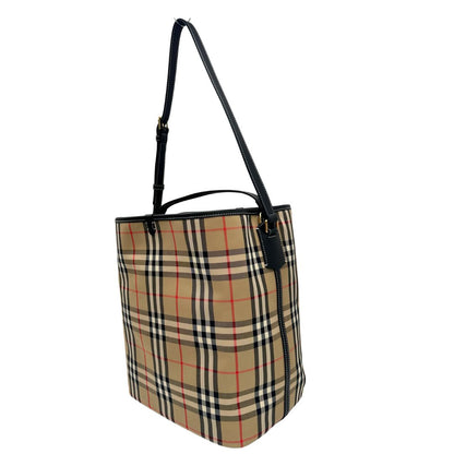 Laterale, Borsa Burberry in tessuto beige trama tartan e finiture in pelle nera, indossabile a mano oppure a spalla. Originale, usato, di lusso, in condizioni eccellenti.