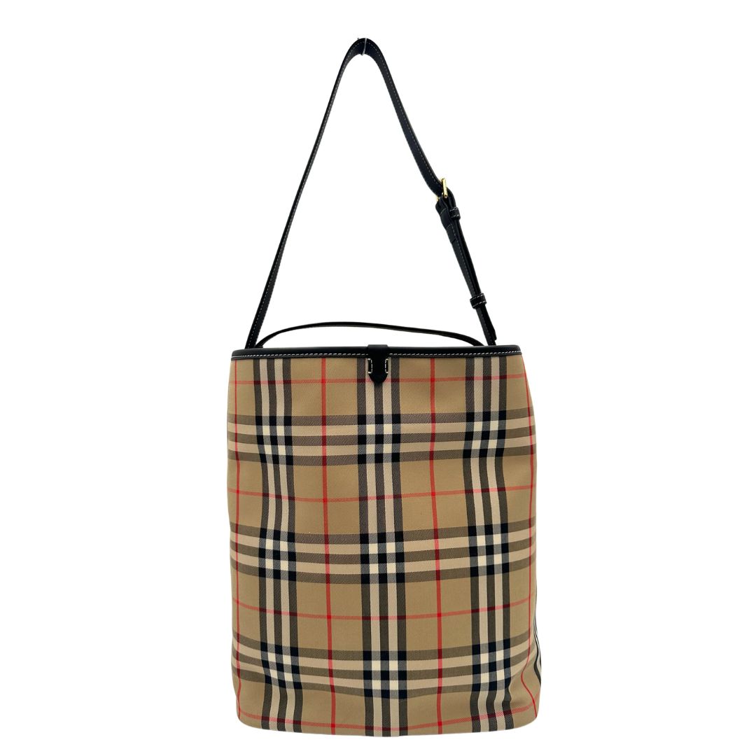 Retro, Borsa Burberry in tessuto beige trama tartan e finiture in pelle nera, indossabile a mano oppure a spalla. Originale, usato, di lusso, in condizioni eccellenti.