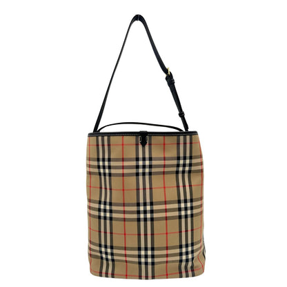 Retro, Borsa Burberry in tessuto beige trama tartan e finiture in pelle nera, indossabile a mano oppure a spalla. Originale, usato, di lusso, in condizioni eccellenti.