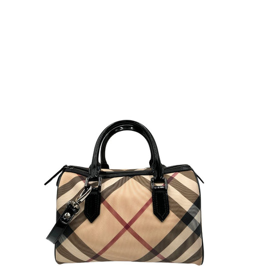 Front, Bauletto Burberry in canvas beige tartan e finiture in pelle verniciata nera. Originale, usato, di lusso, in ottime condizioni.