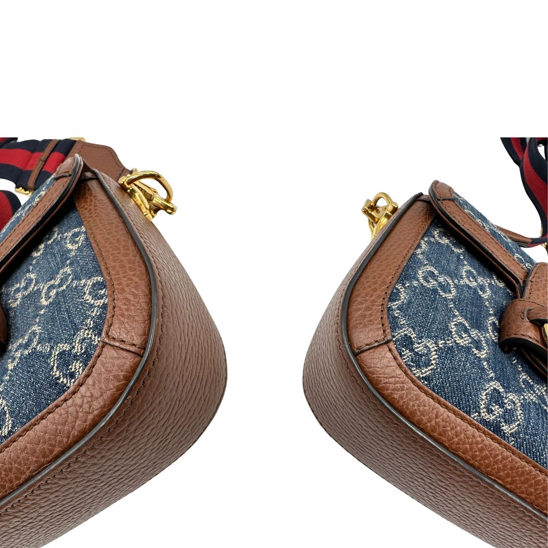 angoli bBorsa Gucci Horsebit in tessuto denim nella versione piccola, di lusso, originale, ottime condizioni, usata.