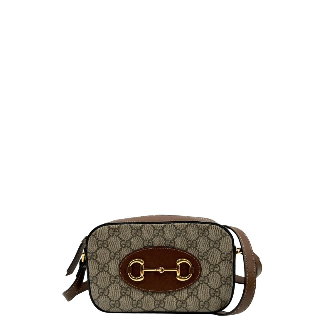 front  Borsa Gucci Horsebit in canvas GG con finiture in pelle marroni, di lusso, originale, eccellenti condizioni, usata. 