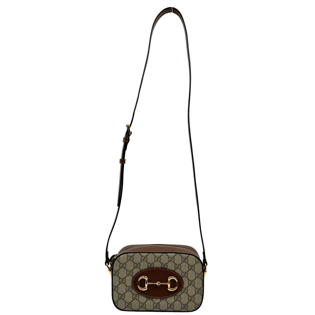 front  Borsa Gucci Horsebit in canvas GG con finiture in pelle marroni, di lusso, originale, eccellenti condizioni, usata. 