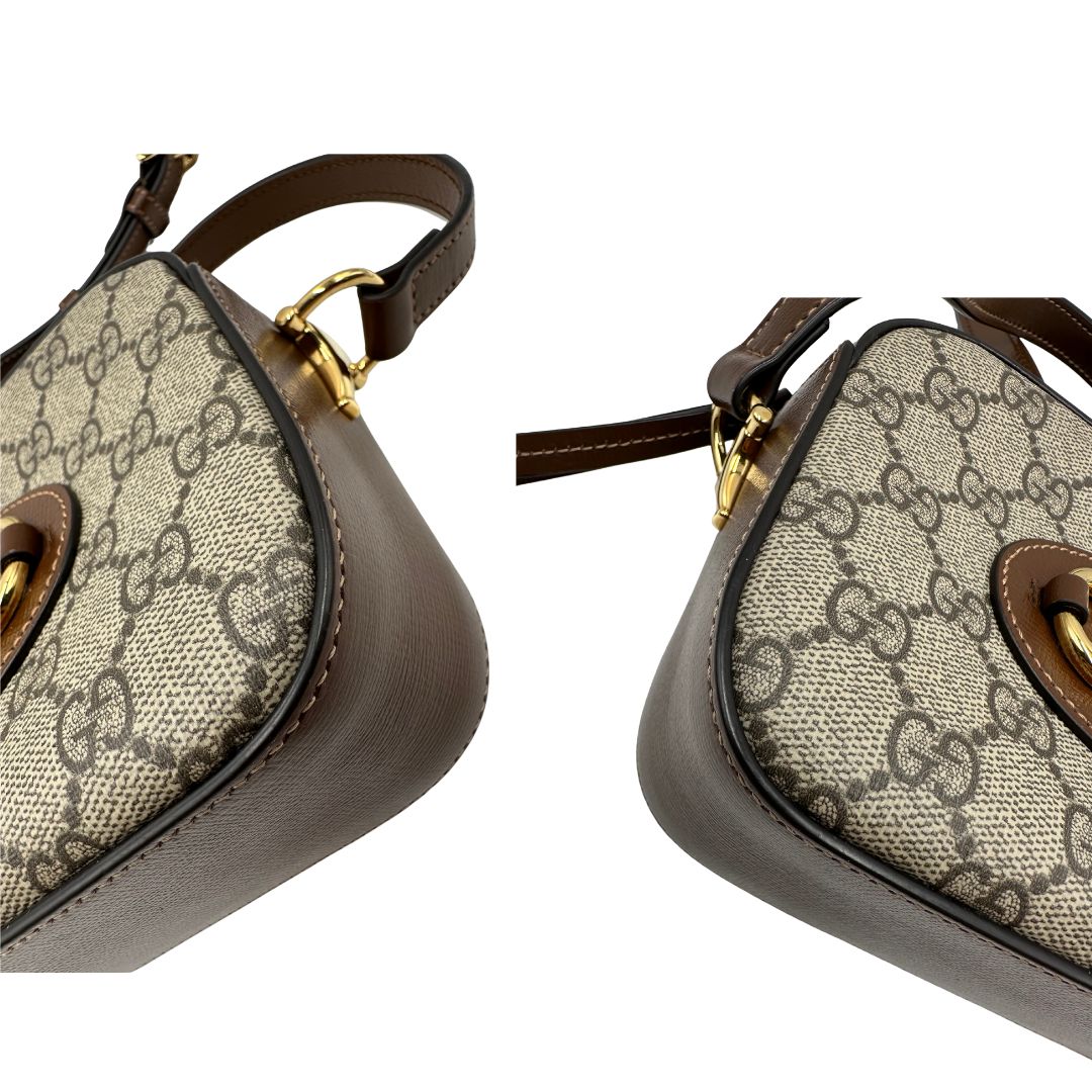 angoli  Borsa Gucci Horsebit in canvas GG con finiture in pelle marroni, di lusso, originale, eccellenti condizioni, usata. 