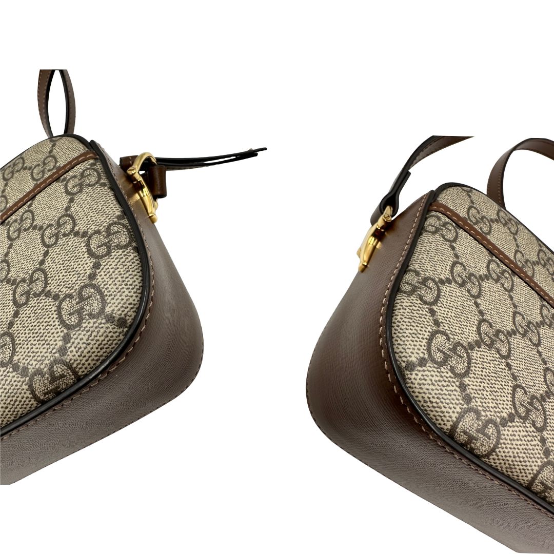 angoli  Borsa Gucci Horsebit in canvas GG con finiture in pelle marroni, di lusso, originale, eccellenti condizioni, usata. 