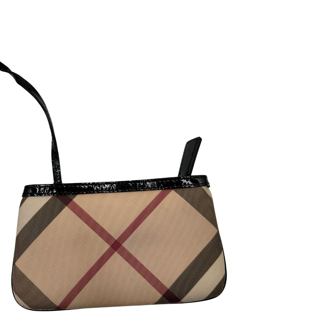 Borsa Burberry in canvas tartan e finiture in pelle verniciata nera, di lusso, originale, ottime condizioni.