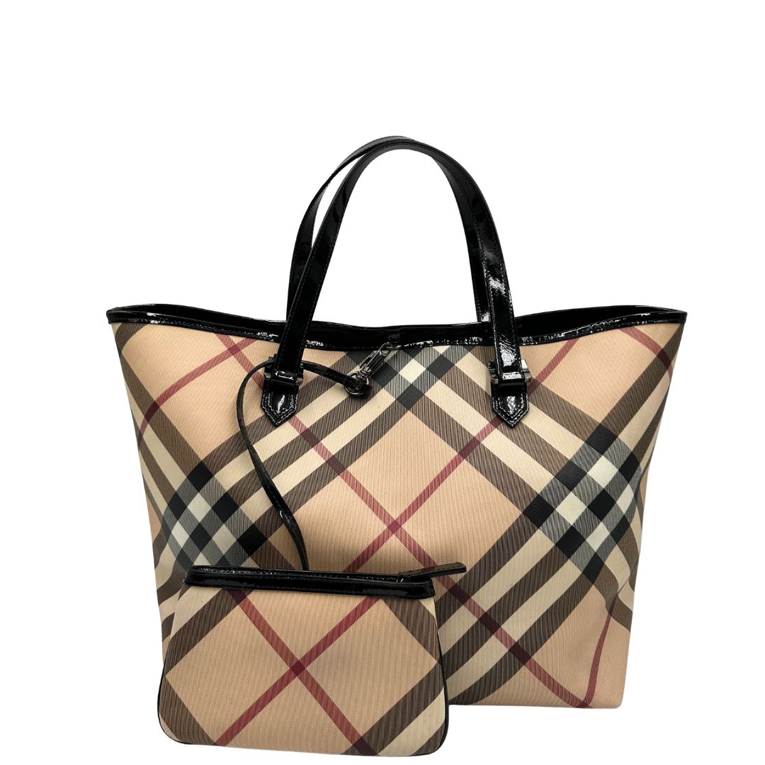 front Borsa Burberry in canvas tartan e finiture in pelle verniciata nera, di lusso, originale, ottime condizioni. 