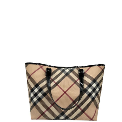 Borsa Burberry in canvas tartan e finiture in pelle verniciata nera, di lusso, originale, ottime condizioni.
