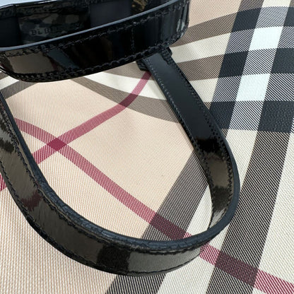 manici Borsa Burberry in canvas tartan e finiture in pelle verniciata nera, di lusso, originale, ottime condizioni.