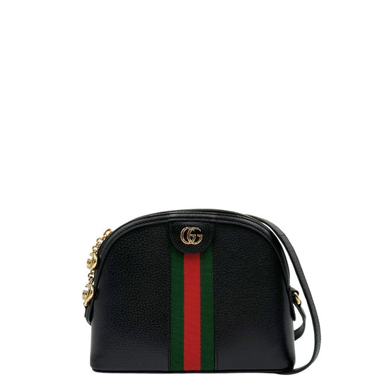 front Borsa Gucci Dome in pelle nera impreziosita da iconica striscia Web verde e rossa, puoi portarla a spalla o a tracolla, di lusso, originale, ottime condizioni, usata.