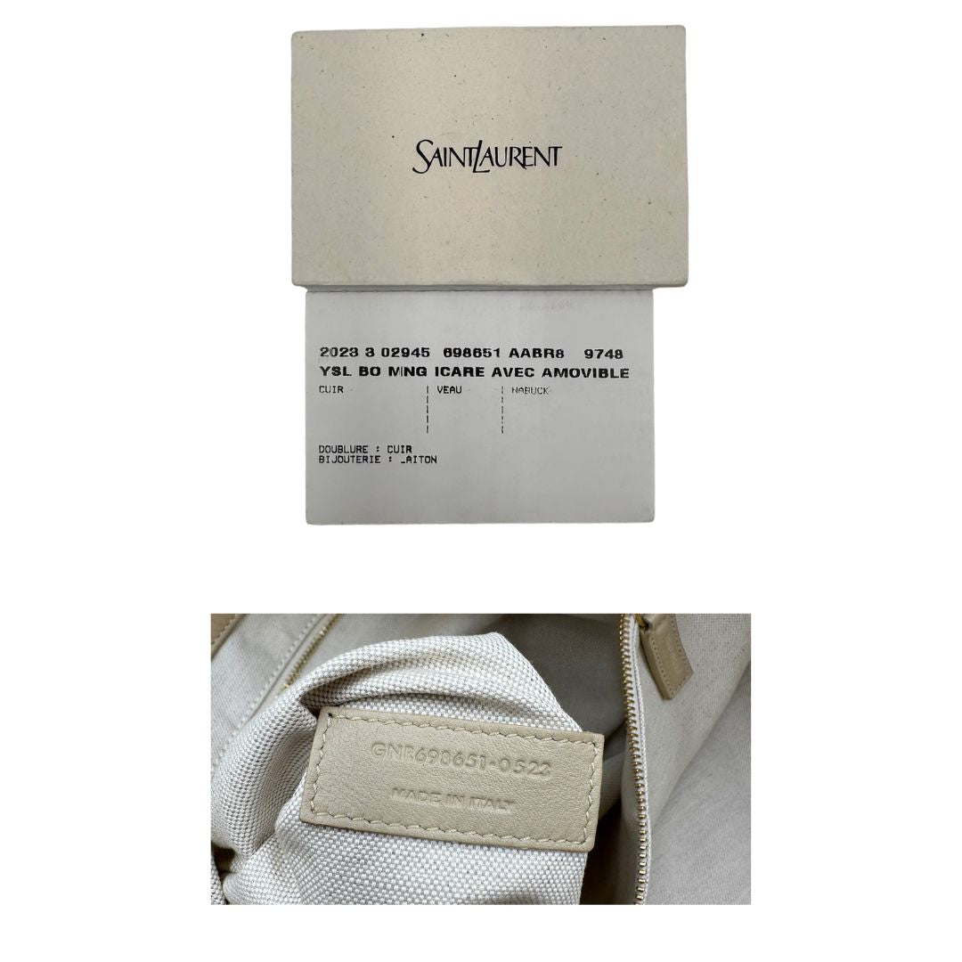 Saint Laurent Icare Maxi Shopping Bag in pelle trapuntata color avorio, impreziosita dall’iconico maxi logo Cassandre dorato frontale, di lusso, originale.