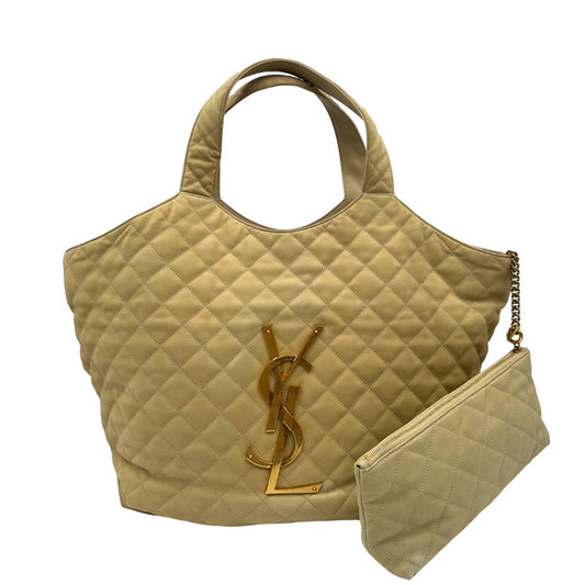 Saint Laurent Icare Maxi Shopping Bag in pelle trapuntata color avorio, impreziosita dall’iconico maxi logo Cassandre dorato frontale, di lusso, originale.