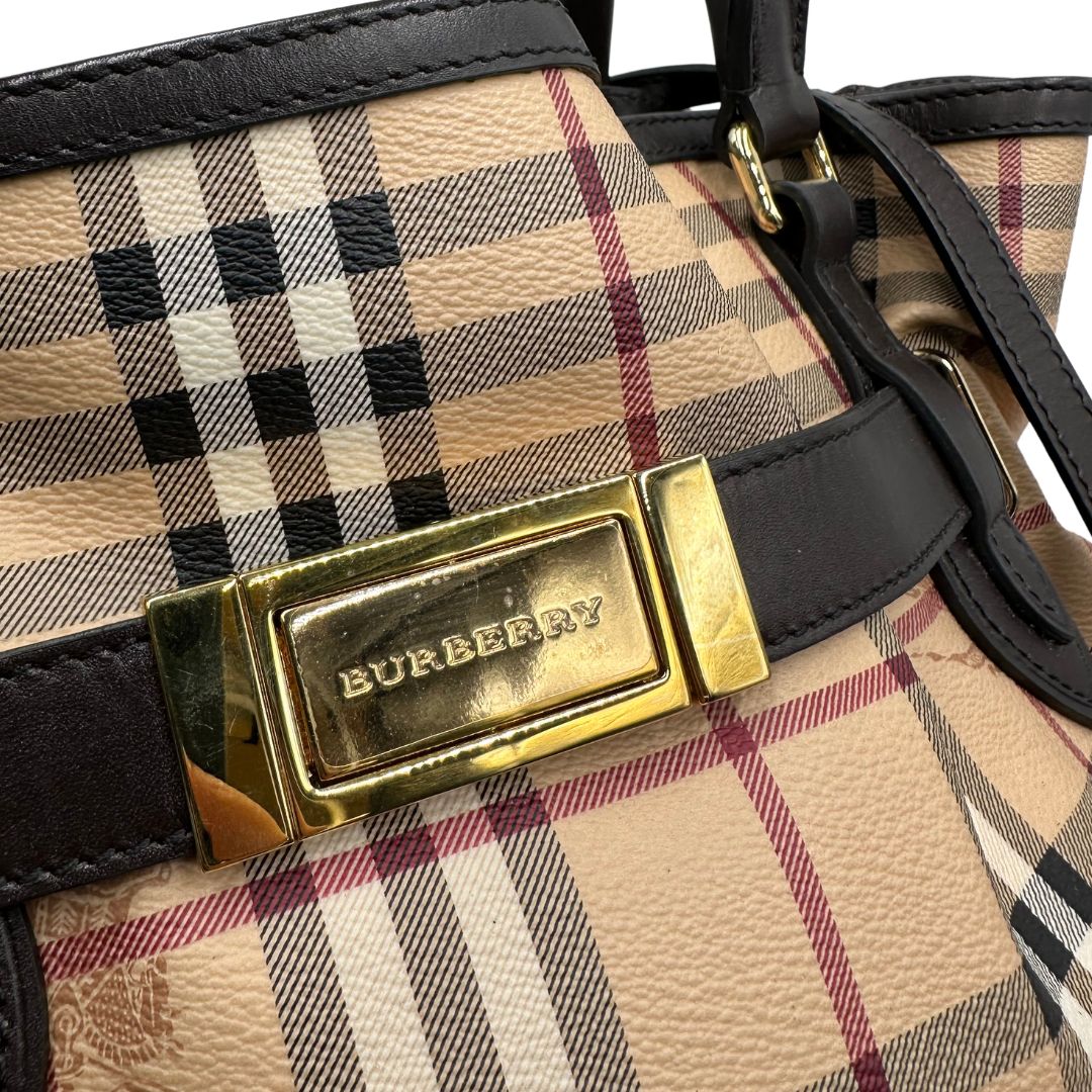  Borsa Burberry in canvas tartan e finiture in pelle marroni, di lusso, originale, ottime condizioni, usata. 
